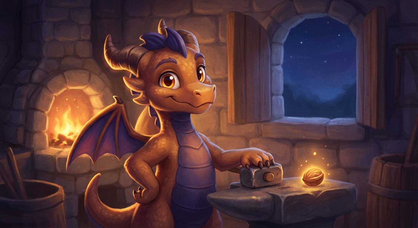 The Tellforge dragon standing at a stone anvil in a cozy forge, a golden story-spark glowing on the anvil